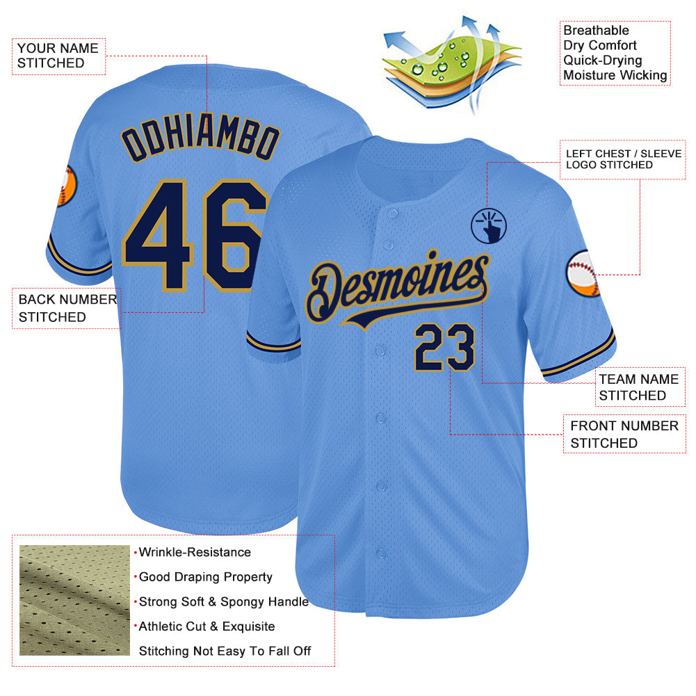 Custom Light Blue Navy-Old Gold Mesh Authentic Throwback Baseball Jersey - Sky-Custom