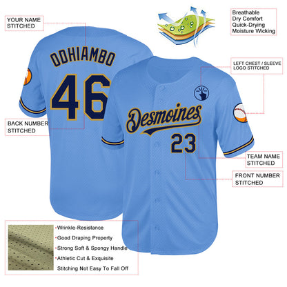 Custom Light Blue Navy-Old Gold Mesh Authentic Throwback Baseball Jersey - Sky-Custom