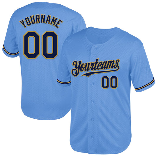 Custom Light Blue Navy-Old Gold Mesh Authentic Throwback Baseball Jersey - Sky-Custom