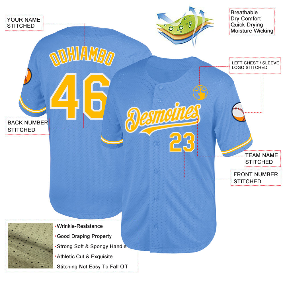 Custom Light Blue Gold-White Mesh Authentic Throwback Baseball Jersey - Sky-Custom