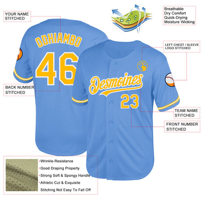 Custom Light Blue Gold-White Mesh Authentic Throwback Baseball Jersey - Sky-Custom