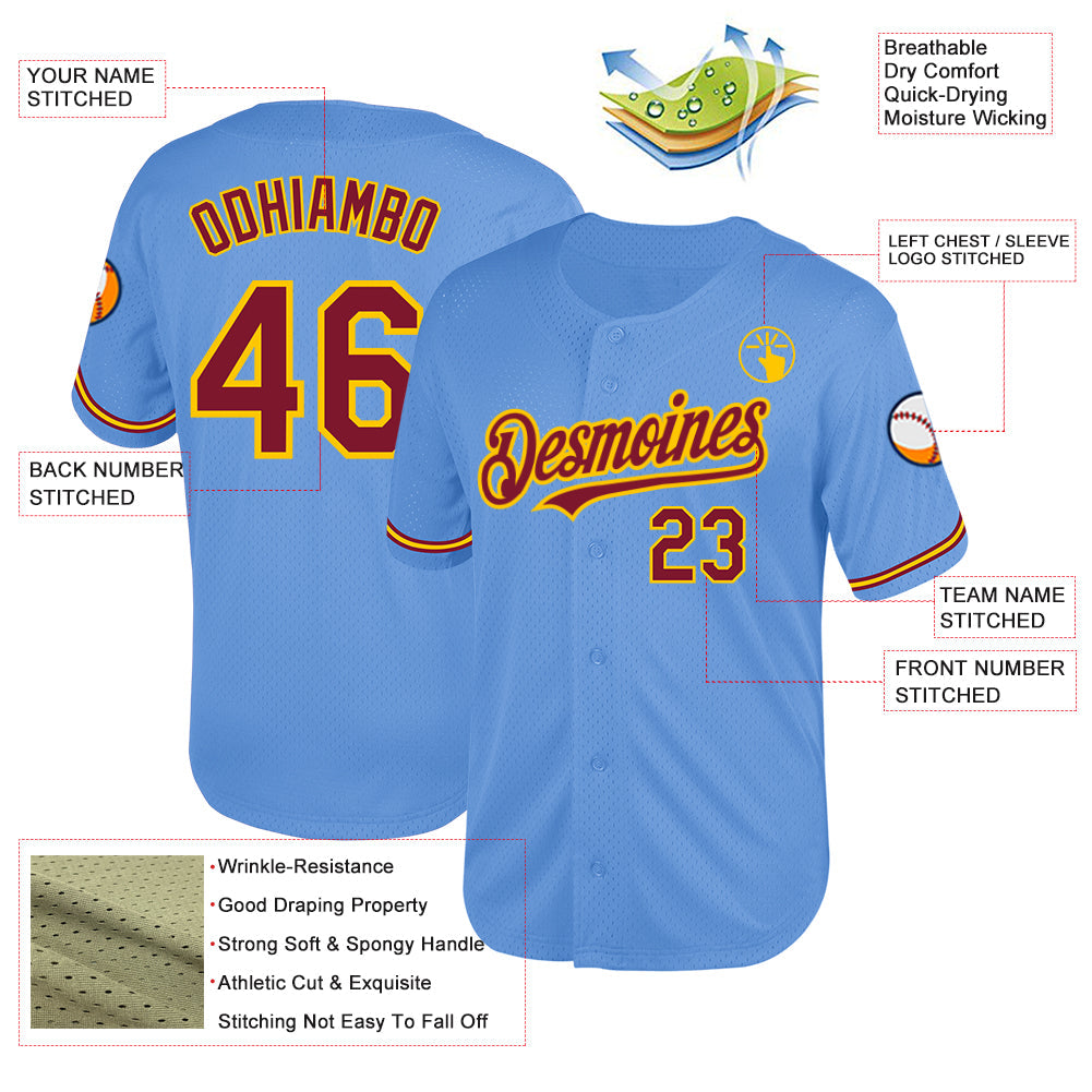 Custom Light Blue Crimson-Yellow Mesh Authentic Throwback Baseball Jersey - Sky-Custom