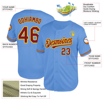 Custom Light Blue Crimson-Yellow Mesh Authentic Throwback Baseball Jersey - Sky-Custom