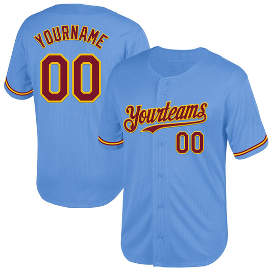 Custom Light Blue Crimson-Yellow Mesh Authentic Throwback Baseball Jersey - Sky-Custom