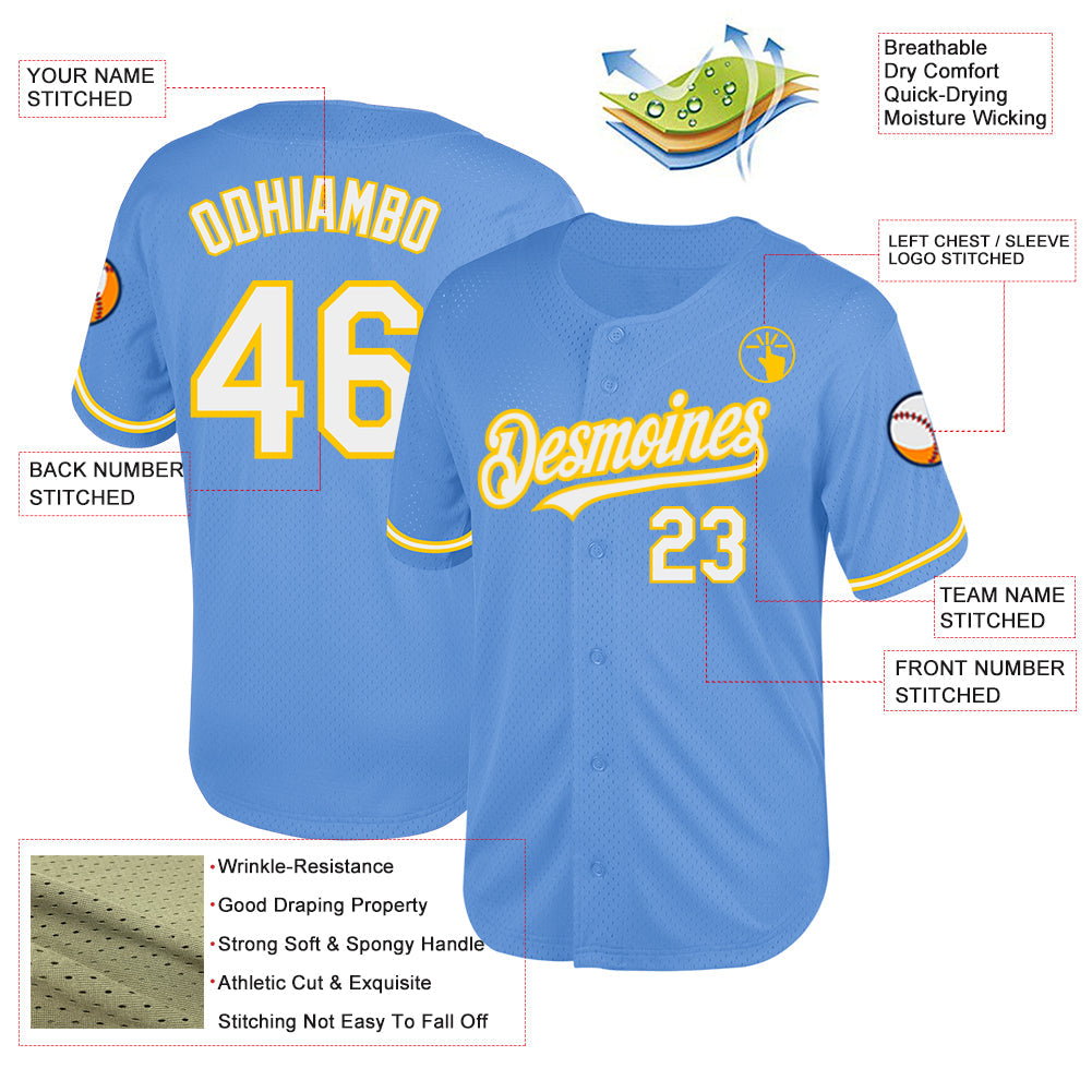Custom Light Blue White-Yellow Mesh Authentic Throwback Baseball Jersey - Sky-Custom