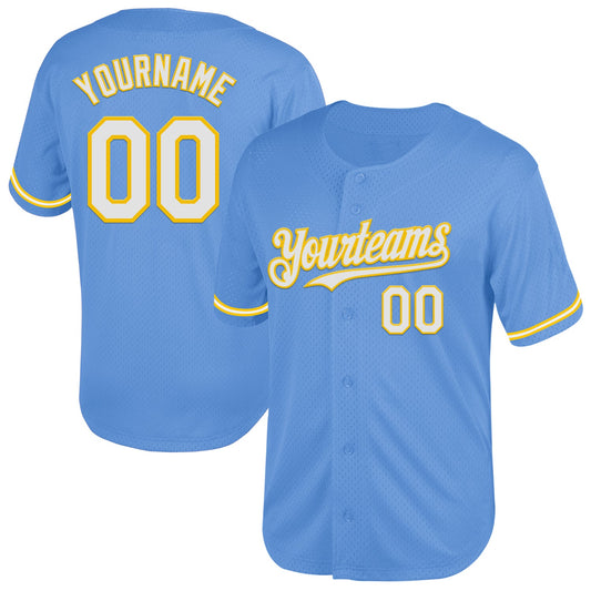 Custom Light Blue White-Yellow Mesh Authentic Throwback Baseball Jersey - Sky-Custom