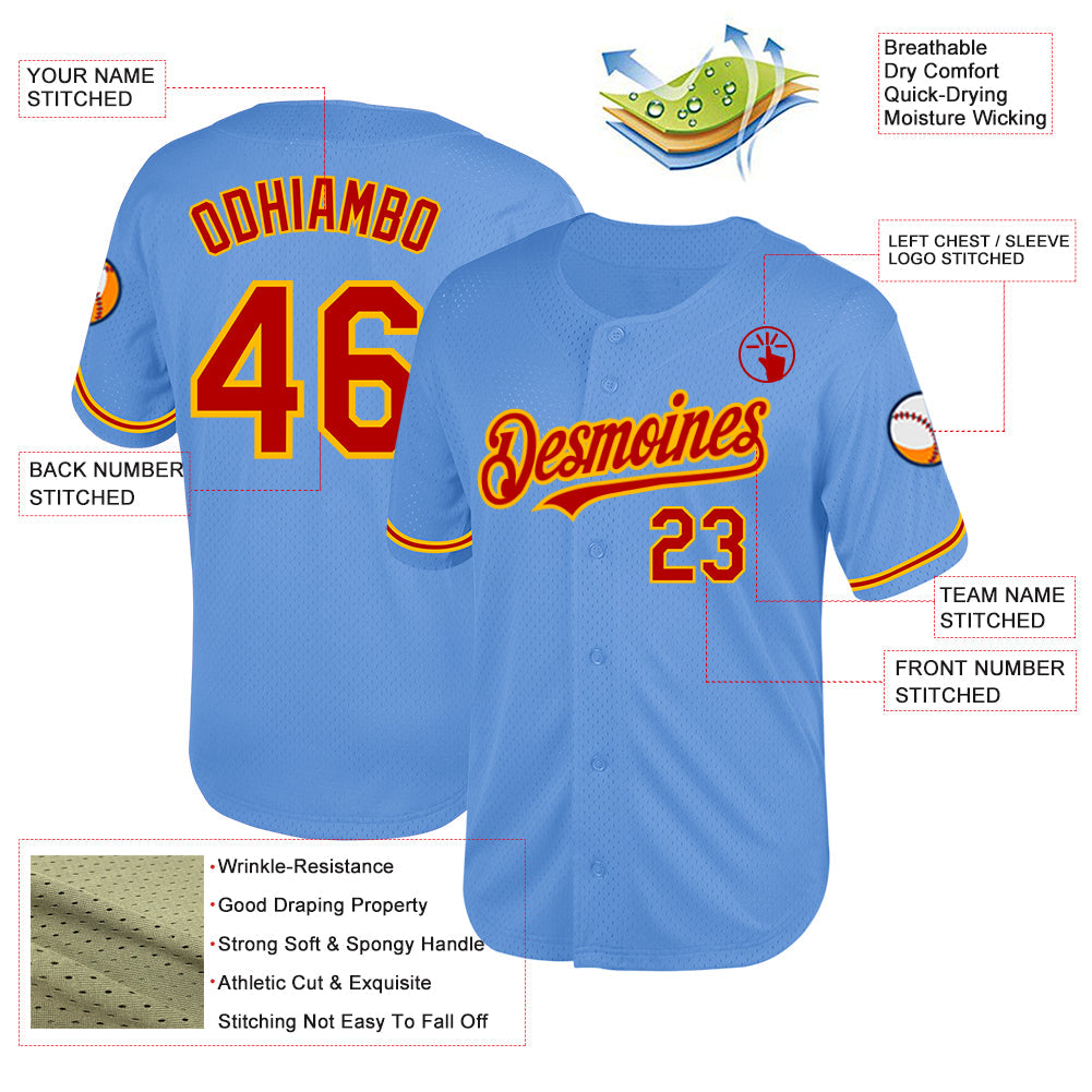 Custom Light Blue Red-Gold Mesh Authentic Throwback Baseball Jersey - Sky-Custom