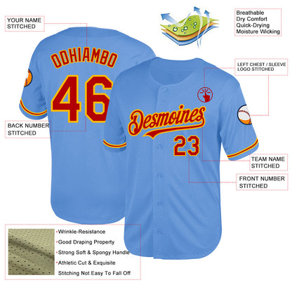 Custom Light Blue Red-Gold Mesh Authentic Throwback Baseball Jersey - Sky-Custom