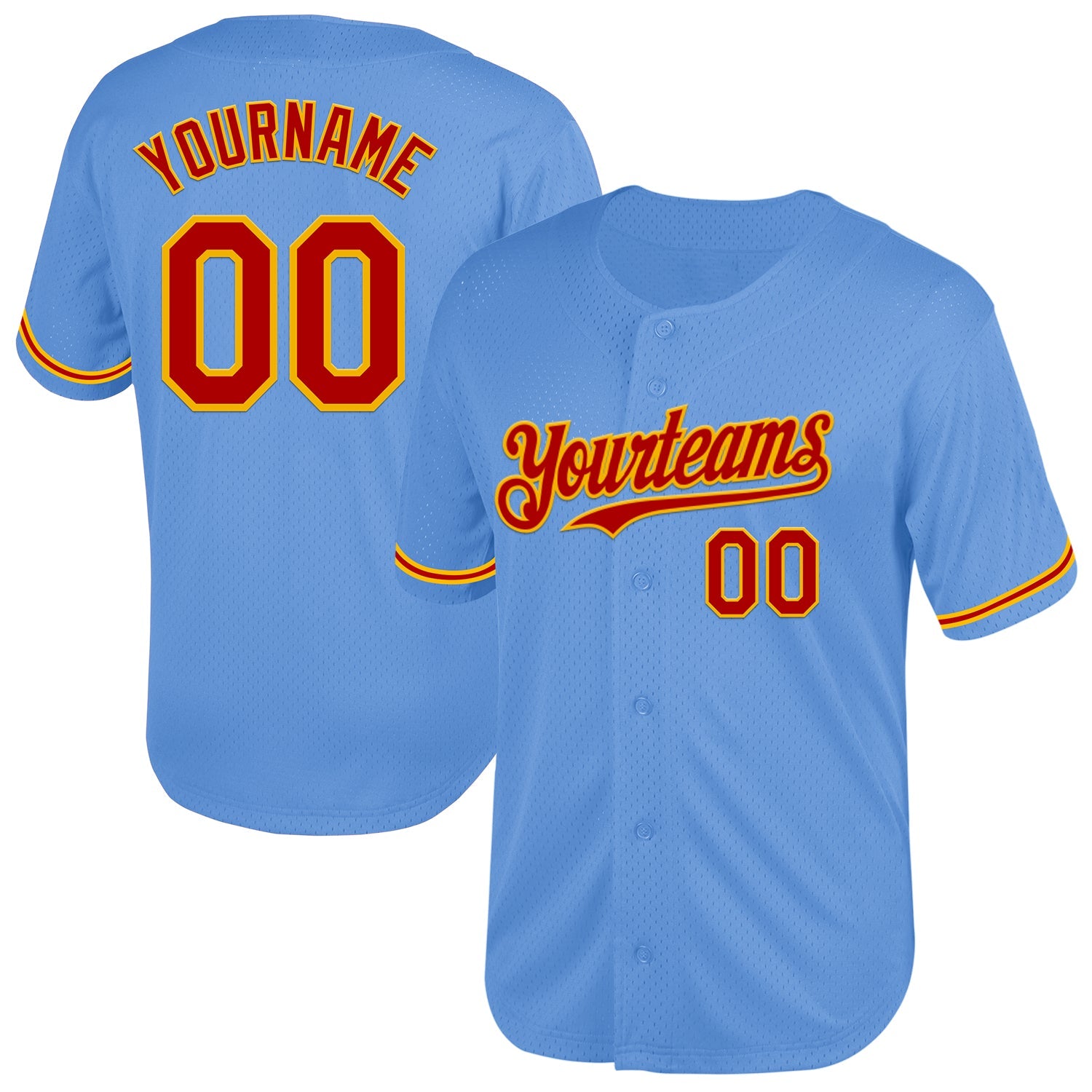 Custom Light Blue Red-Gold Mesh Authentic Throwback Baseball Jersey - Sky-Custom