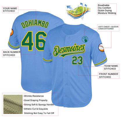 Custom Light Blue Kelly Green-Yellow Mesh Authentic Throwback Baseball Jersey - Sky-Custom