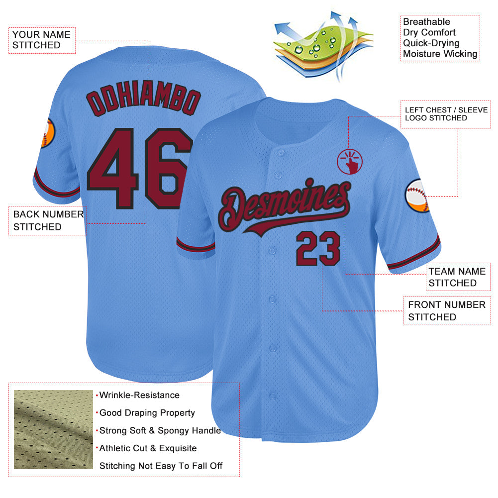 Custom Light Blue Crimson-Black Mesh Authentic Throwback Baseball Jersey - Sky-Custom
