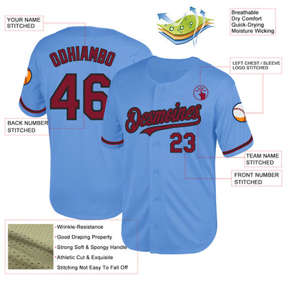 Custom Light Blue Crimson-Black Mesh Authentic Throwback Baseball Jersey - Sky-Custom