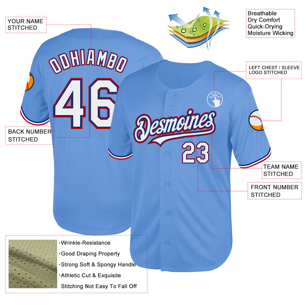Custom Light Blue Royal-Red Mesh Authentic Throwback Baseball Jersey - Sky-Custom