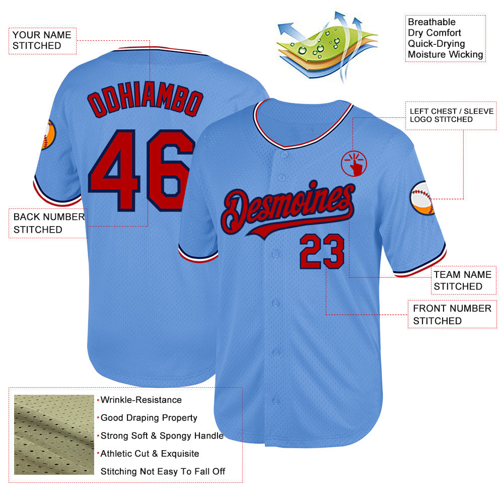 Custom Light Blue Red-Navy Mesh Authentic Throwback Baseball Jersey - Sky-Custom