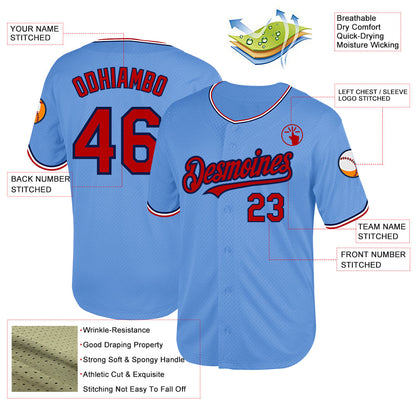 Custom Light Blue Red-Navy Mesh Authentic Throwback Baseball Jersey - Sky-Custom