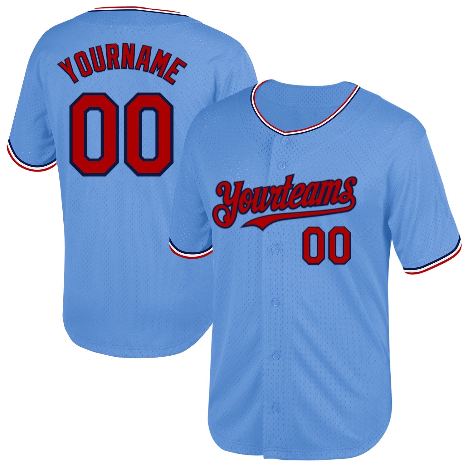 Custom Light Blue Red-Navy Mesh Authentic Throwback Baseball Jersey - Sky-Custom