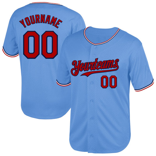 Custom Light Blue Red-Navy Mesh Authentic Throwback Baseball Jersey - Sky-Custom