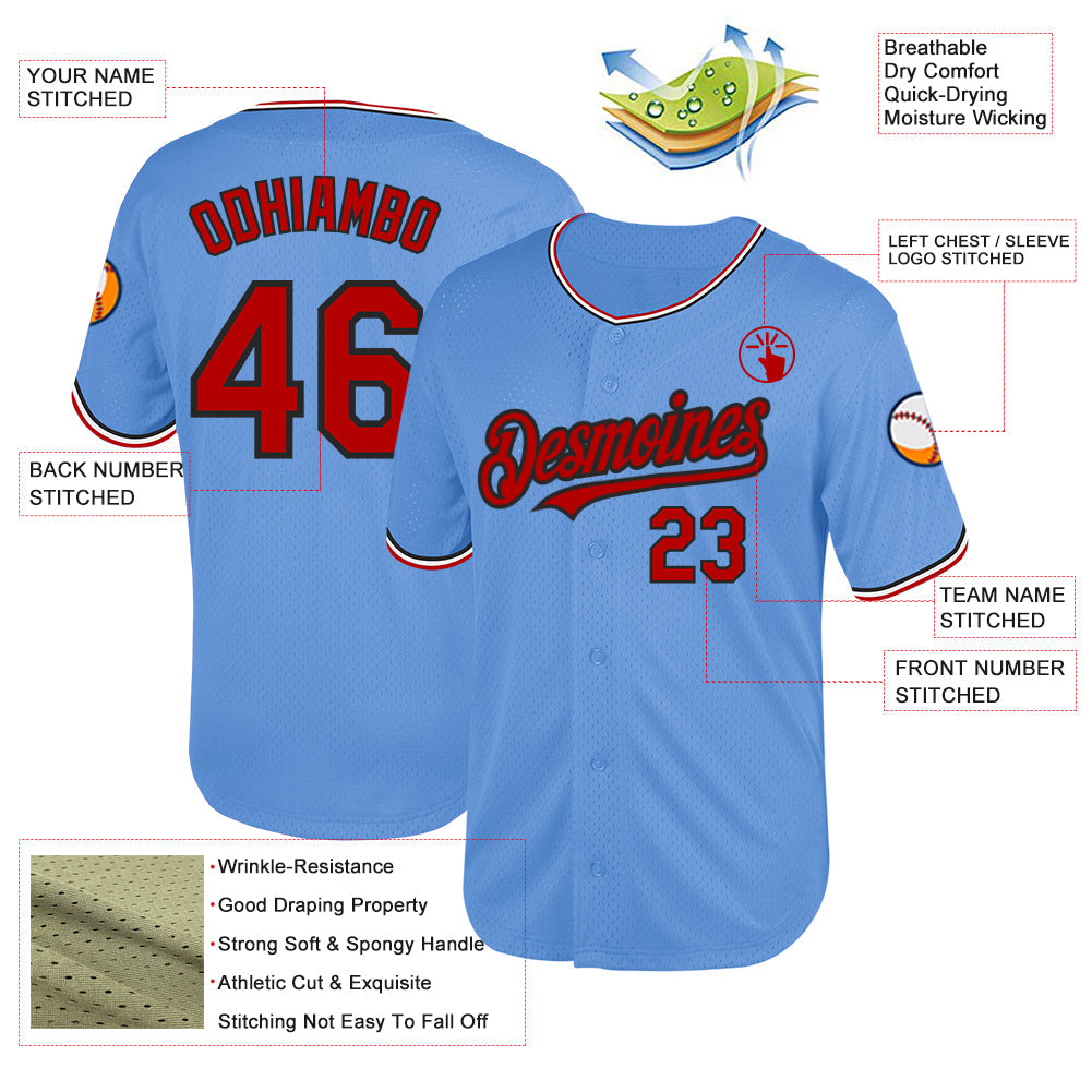 Custom Light Blue Red-Black Mesh Authentic Throwback Baseball Jersey - Sky-Custom