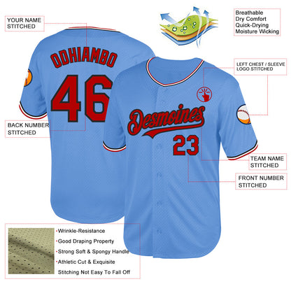Custom Light Blue Red-Black Mesh Authentic Throwback Baseball Jersey - Sky-Custom