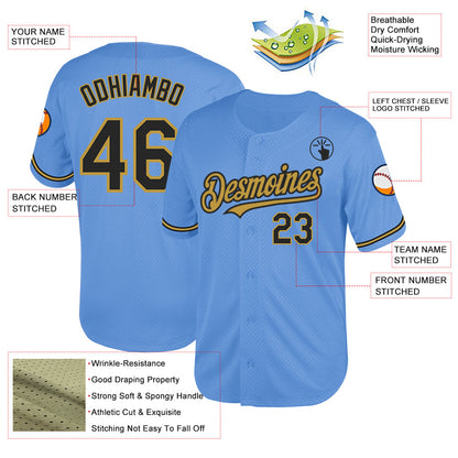 Custom Light Blue Black-Old Gold Mesh Authentic Throwback Baseball Jersey - Sky-Custom