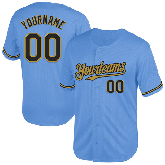 Custom Light Blue Black-Old Gold Mesh Authentic Throwback Baseball Jersey - Sky-Custom