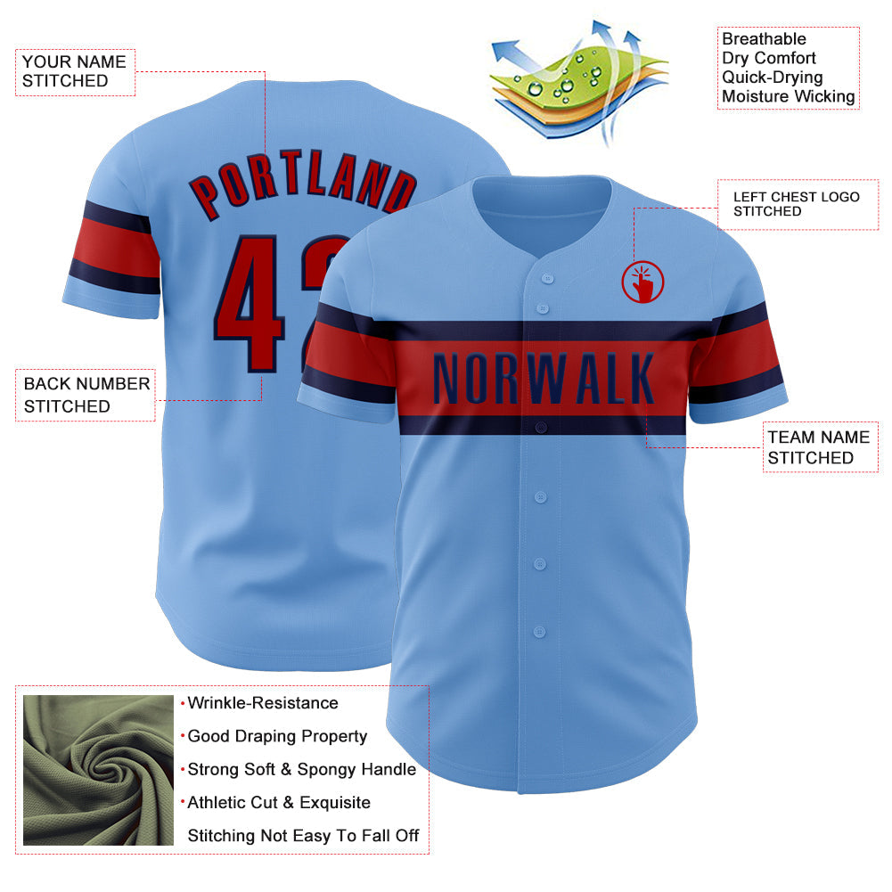 Custom Light Blue Red-Navy Authentic Baseball Jersey - Sky-Custom