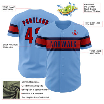 Custom Light Blue Red-Navy Authentic Baseball Jersey - Sky-Custom