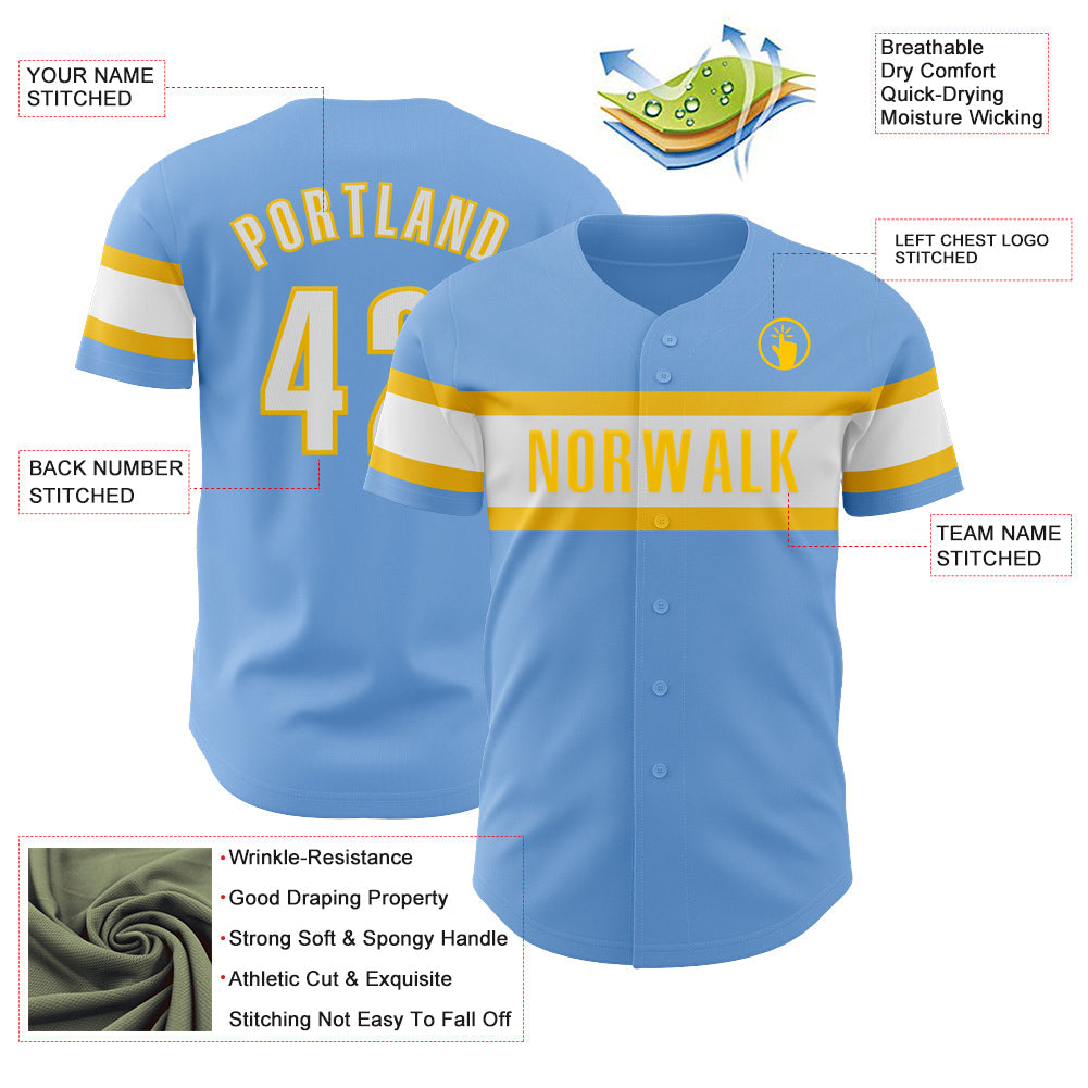 Custom Light Blue White-Yellow Authentic Baseball Jersey - Sky-Custom