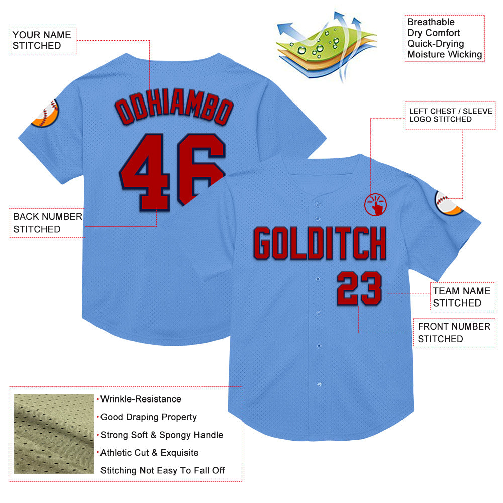 Custom Light Blue Red-Navy Mesh Authentic Throwback Baseball Jersey - Sky-Custom