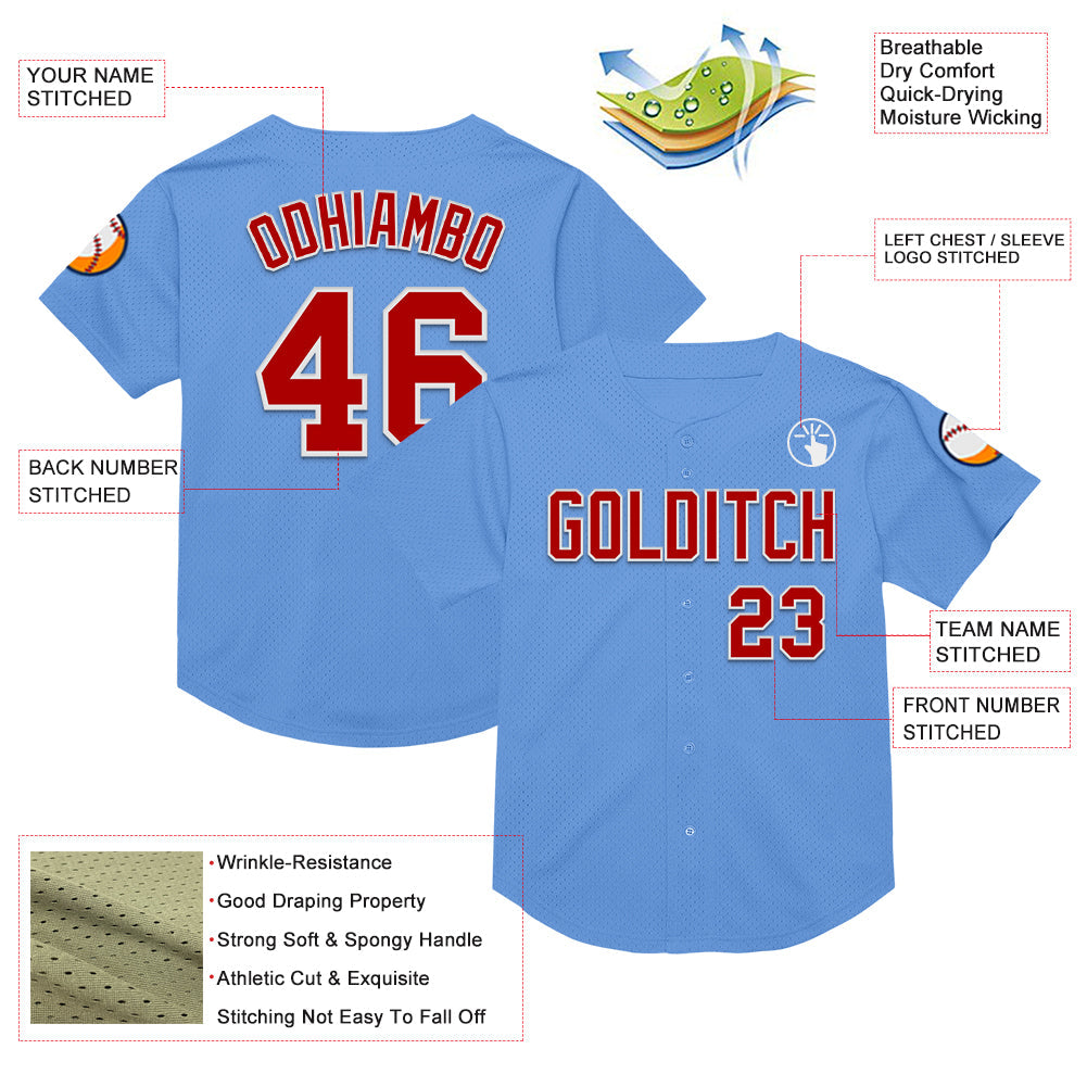Custom Light Blue Red-White Mesh Authentic Throwback Baseball Jersey - Sky-Custom