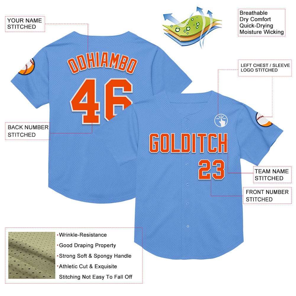 Custom Light Blue Orange-White Mesh Authentic Throwback Baseball Jersey - Sky-Custom