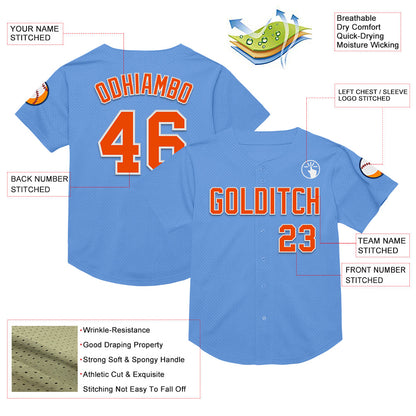 Custom Light Blue Orange-White Mesh Authentic Throwback Baseball Jersey - Sky-Custom