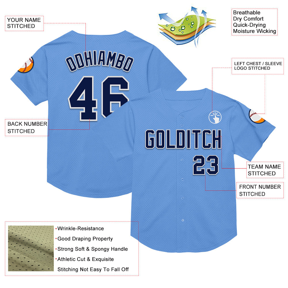 Custom Light Blue Navy-White Mesh Authentic Throwback Baseball Jersey - Sky-Custom