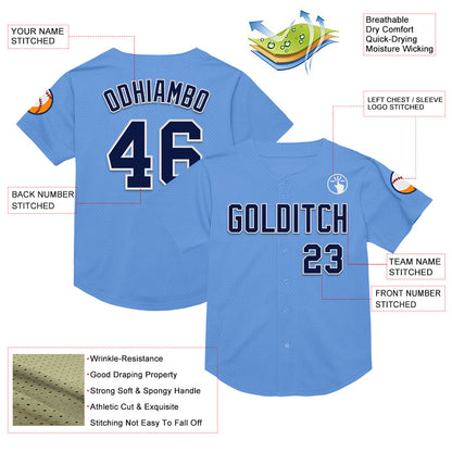 Custom Light Blue Navy-White Mesh Authentic Throwback Baseball Jersey - Sky-Custom