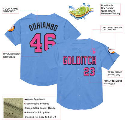 Custom Light Blue Pink-Black Mesh Authentic Throwback Baseball Jersey - Sky-Custom
