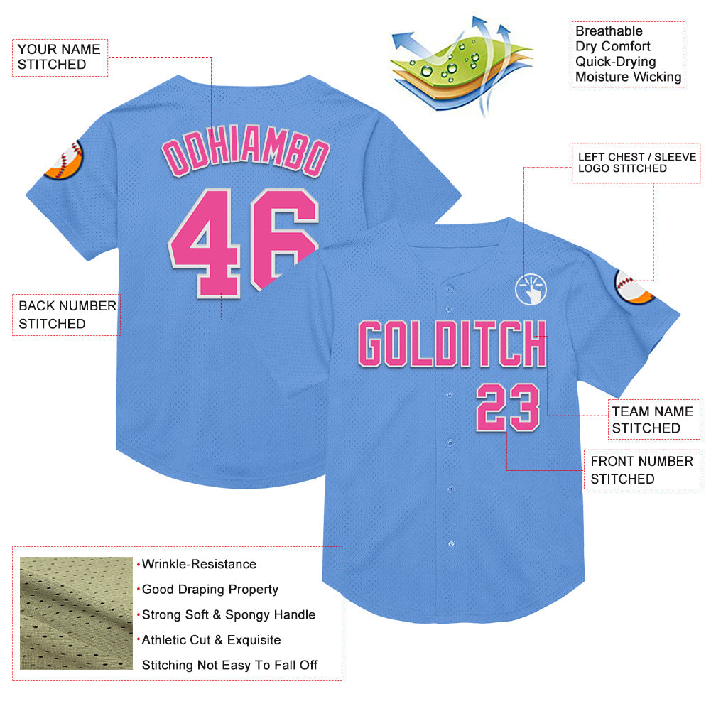 Custom Light Blue Pink-White Mesh Authentic Throwback Baseball Jersey - Sky-Custom