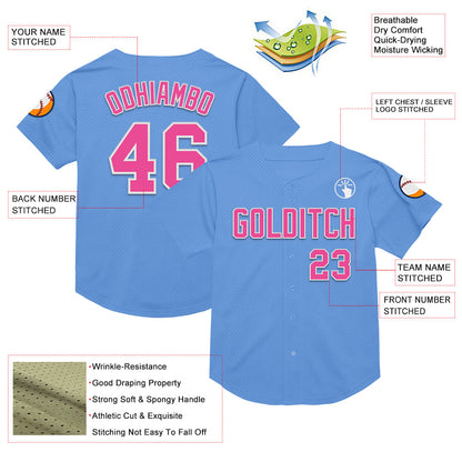 Custom Light Blue Pink-White Mesh Authentic Throwback Baseball Jersey - Sky-Custom