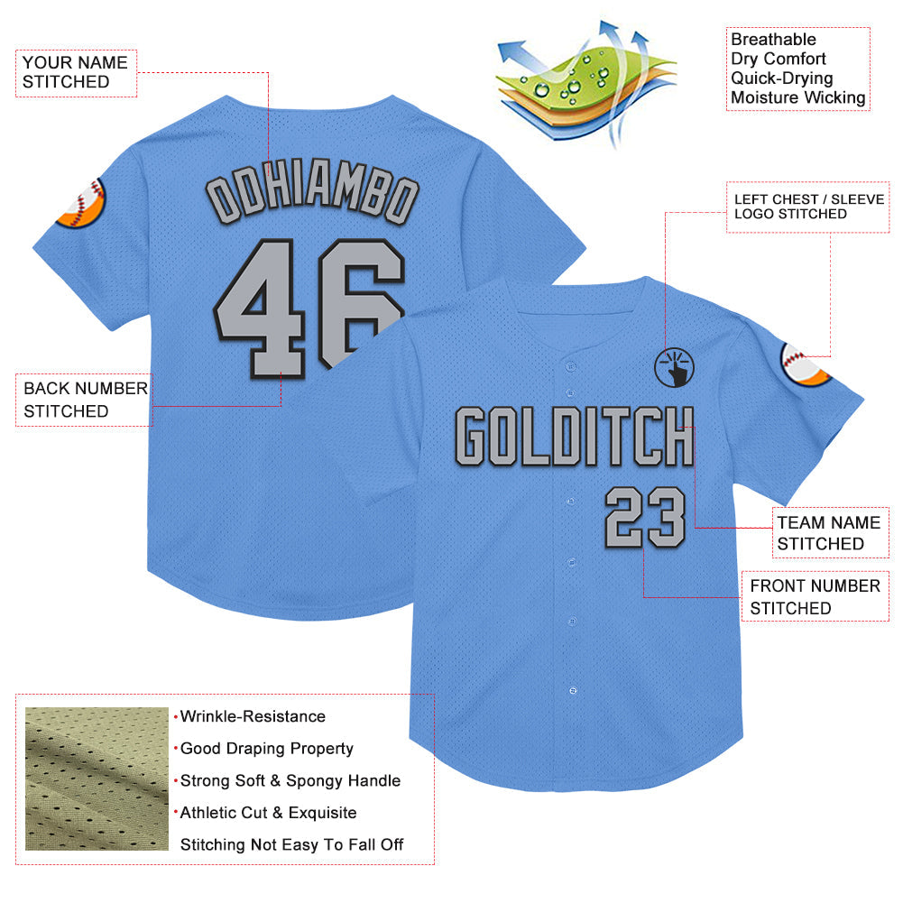 Custom Light Blue Gray-Black Mesh Authentic Throwback Baseball Jersey - Sky-Custom