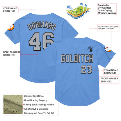 Custom Light Blue Gray-Black Mesh Authentic Throwback Baseball Jersey - Sky-Custom