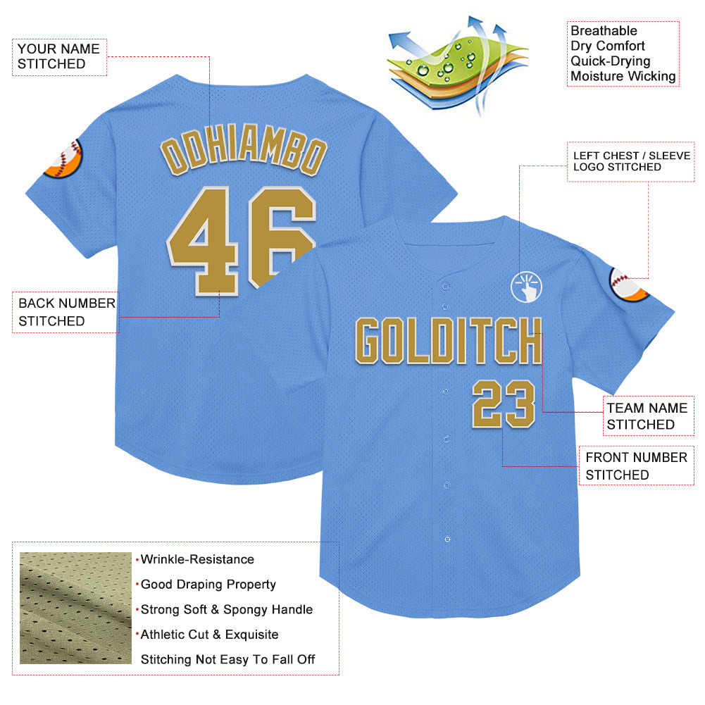 Custom Light Blue Old Gold-White Mesh Authentic Throwback Baseball Jersey - Sky-Custom
