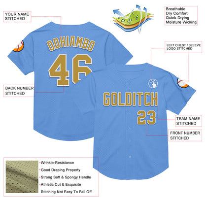 Custom Light Blue Old Gold-White Mesh Authentic Throwback Baseball Jersey - Sky-Custom
