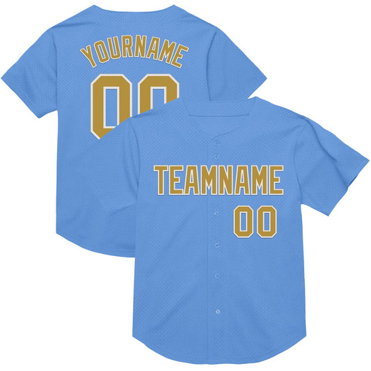 Custom Light Blue Old Gold-White Mesh Authentic Throwback Baseball Jersey - Sky-Custom