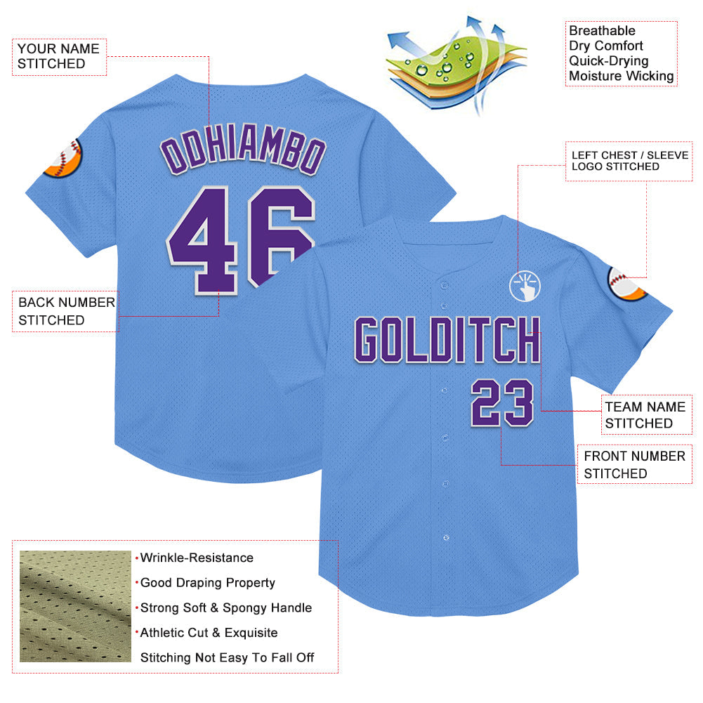 Custom Light Blue Purple-White Mesh Authentic Throwback Baseball Jersey - Sky-Custom