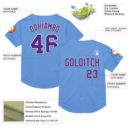 Custom Light Blue Purple-White Mesh Authentic Throwback Baseball Jersey - Sky-Custom