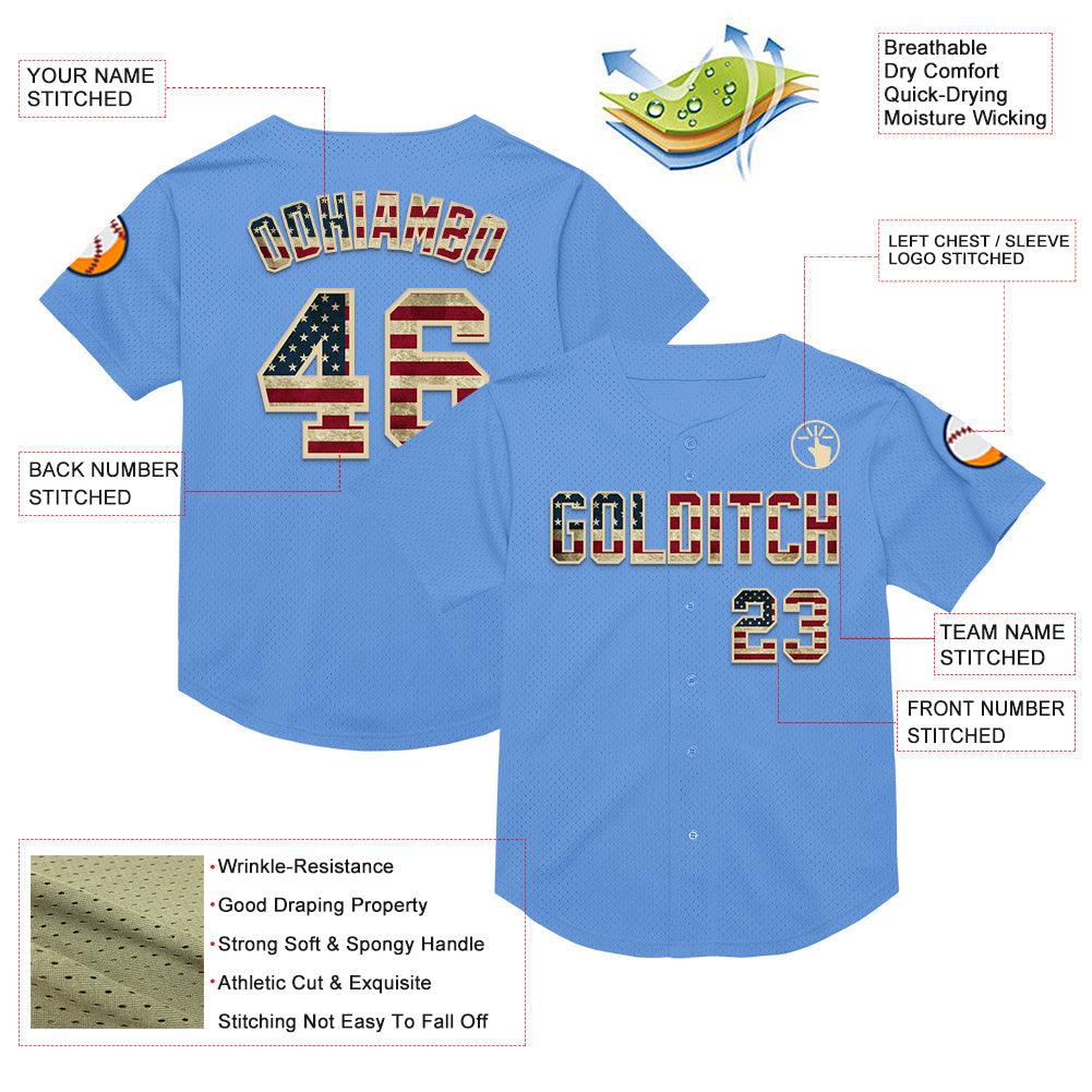 Custom Light Blue Vintage USA Flag-Cream Mesh Authentic Throwback Baseball Jersey - Sky-Custom