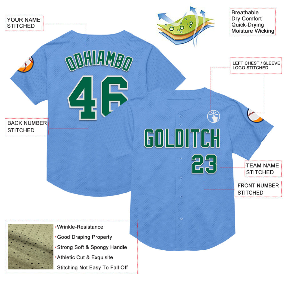 Custom Light Blue Kelly Green-White Mesh Authentic Throwback Baseball Jersey - Sky-Custom
