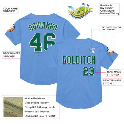 Custom Light Blue Kelly Green-White Mesh Authentic Throwback Baseball Jersey - Sky-Custom
