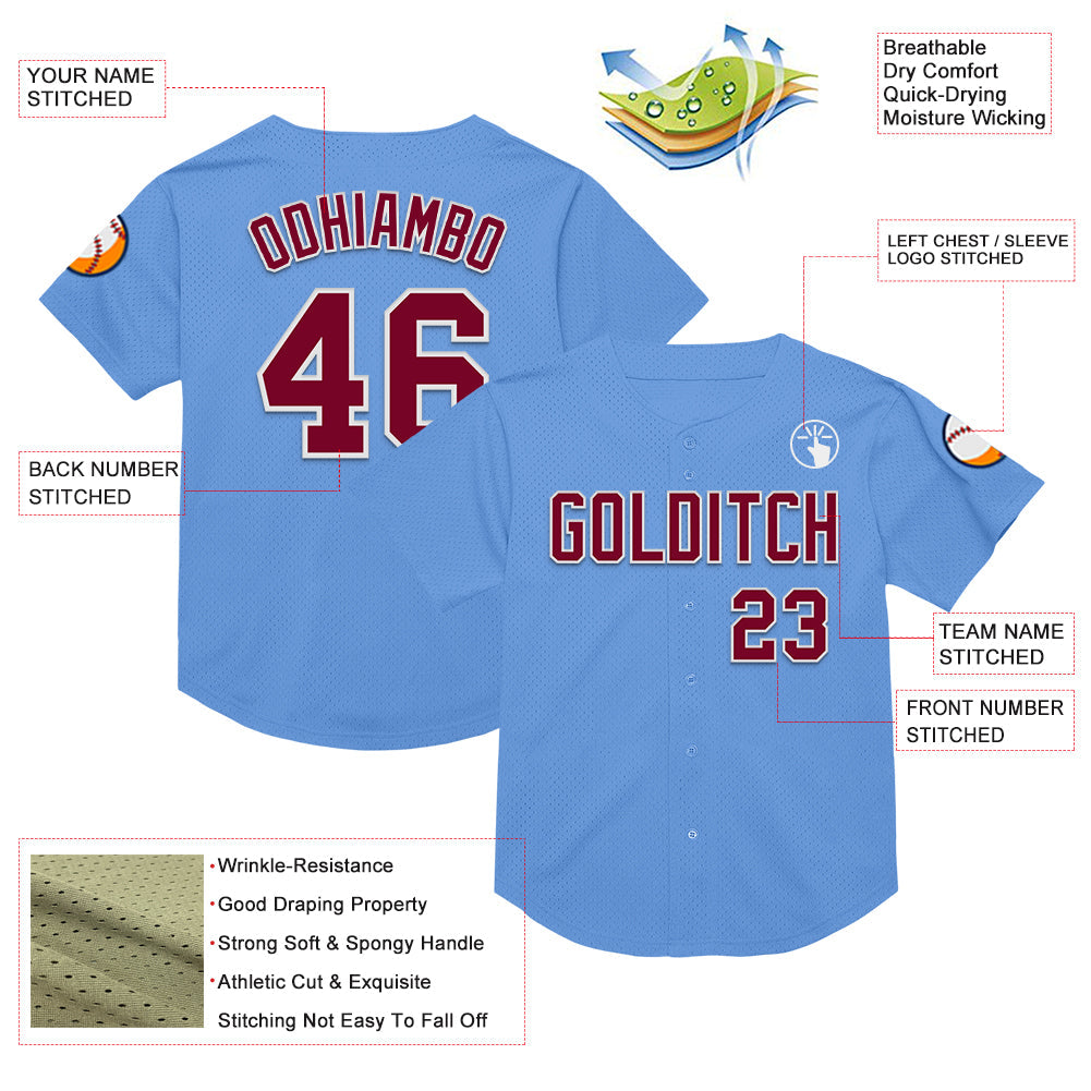 Custom Light Blue Maroon-White Mesh Authentic Throwback Baseball Jersey - Sky-Custom