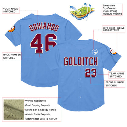 Custom Light Blue Maroon-White Mesh Authentic Throwback Baseball Jersey - Sky-Custom