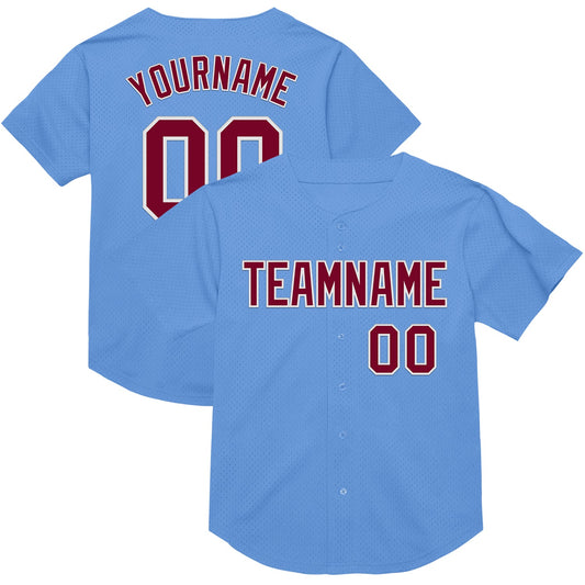 Custom Light Blue Maroon-White Mesh Authentic Throwback Baseball Jersey - Sky-Custom